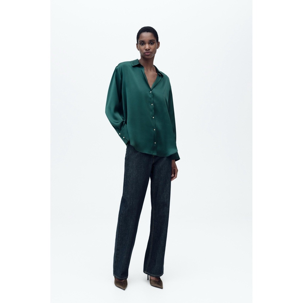 Zara Satin Effect Collar Shirt Color Bottle Green Size XS